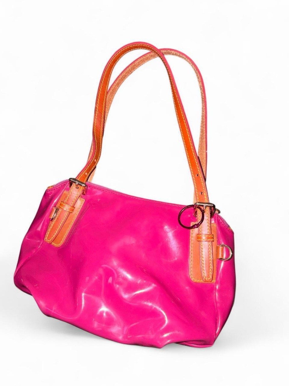 Dooney & Bourke Bright Pink Patent Shoulder Bag with Tan Straps - Picture 3 of 5